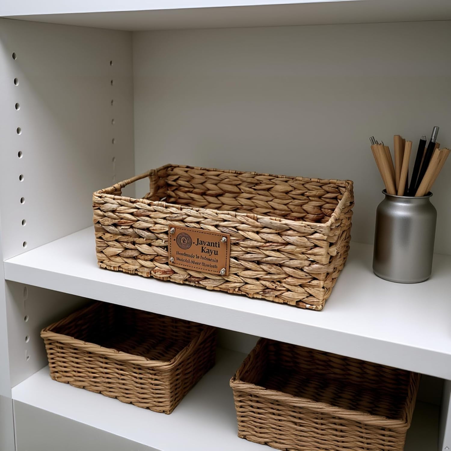 JAVANTI KAYU - Handmade Water Hyacinth Wicker Storage Basket with Handles – Rectangle Organizer Bin for Shelves, Blanket, Bathroom, Closet – Stackable – Decorative & Durable (2, S: 12" x 8" x 4")