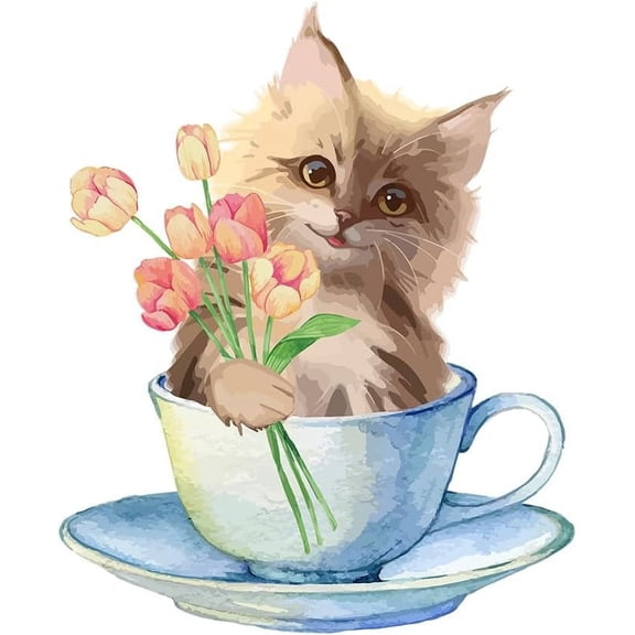 Cute Colorful Cat Wall Sticker with Flowers Teacup Wall Decal Peel and Stick Cat Family Wall Art PVC Wall Decal Decorations to Stick On The Wall