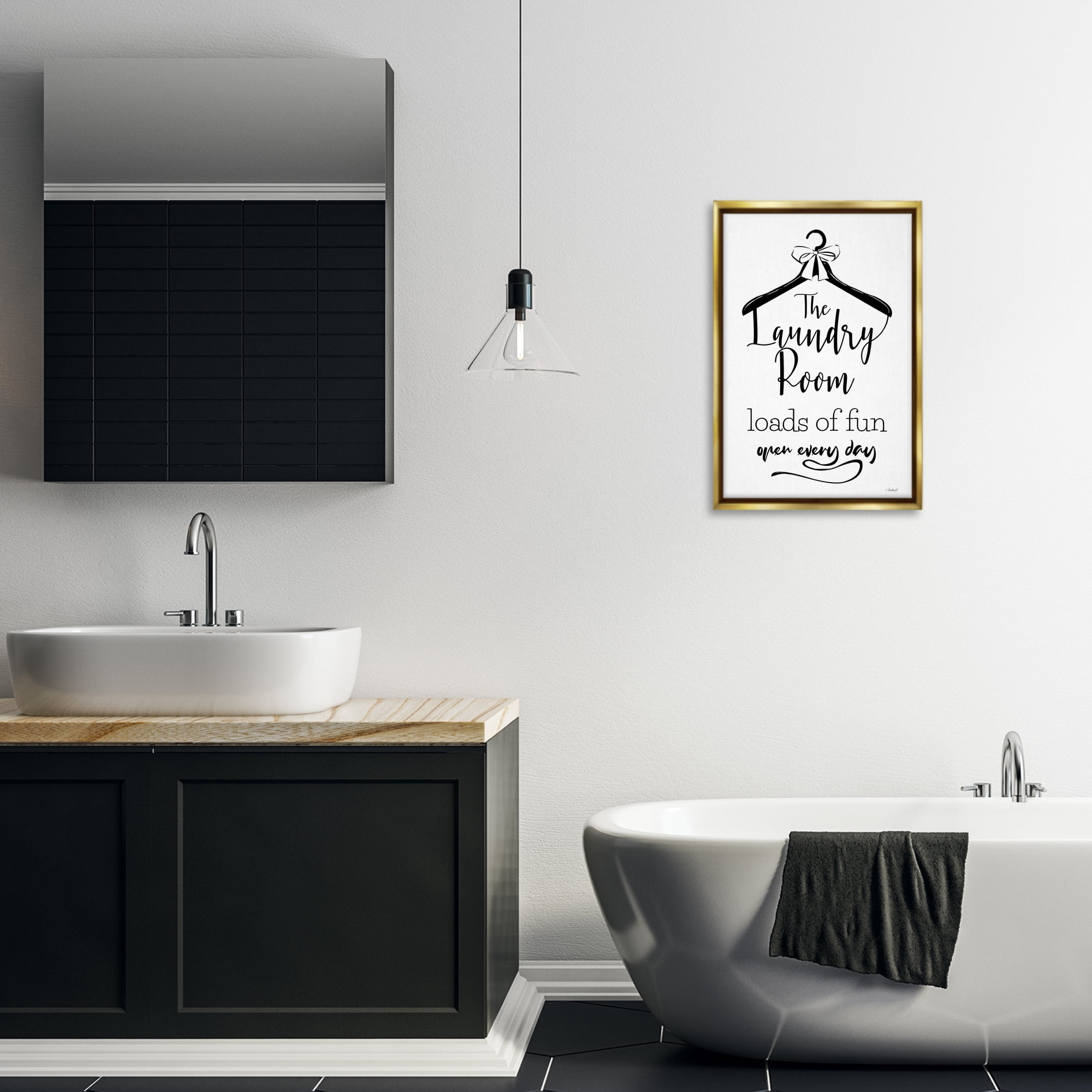 Stupell Industries Laundry Room with Hanger Bath & Laundry Painting Gold Floater Framed Canvas Art Print Wall Art, 17 x 25