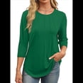 thumbnail image 2 of Blusas de Mujer con Mangas 3/4, Cuello Redondo, Túnicas Casuales, Camisas Plisadas Básicas, Corte Holgado, 2025 Verde Oscuro L, 2 of 5