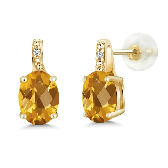 Gem Stone King 2.51 Ct Oval Checkerboard Yellow Citrine White Diamond 10K Yellow Gold Earrings
