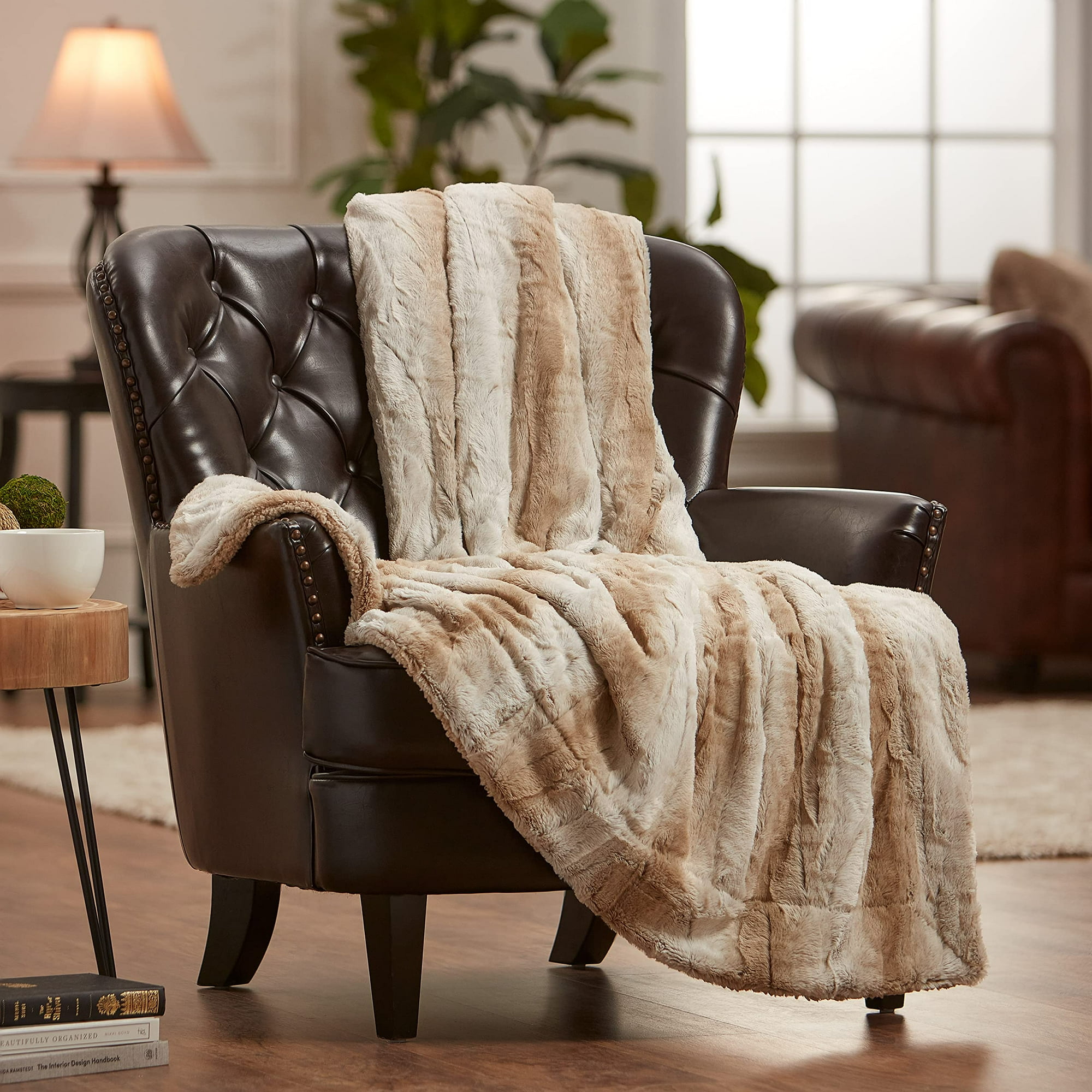 Chanasya Fuzzy Faux Fur Falling Leaf Embossed Throw Blanket Super Soft and Warm Lightweight Reversible Sherpa for Couch Home Living Room and Bedroom Decor 50x65 Inches Brown and White Walmart