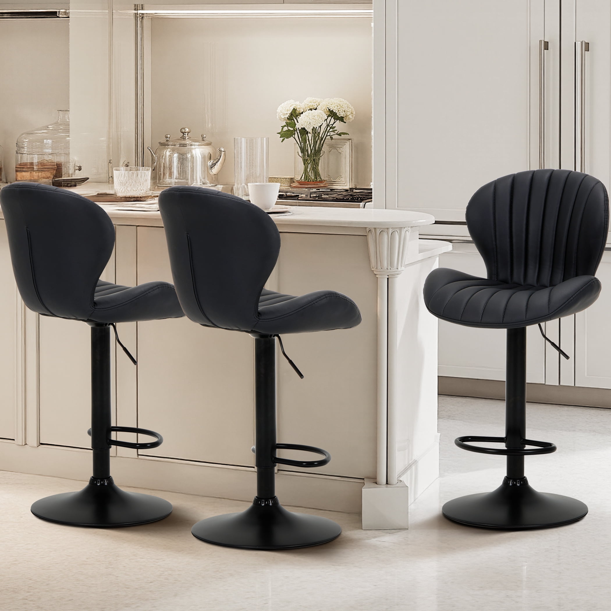 EOP Swivel Single BarStool, Modern Upholstered Adjustable Height Counter Stool with Footrest, Faux Leather Upholstered Bar Stool with Metal Frame, Bar Chair with Backrest, Black