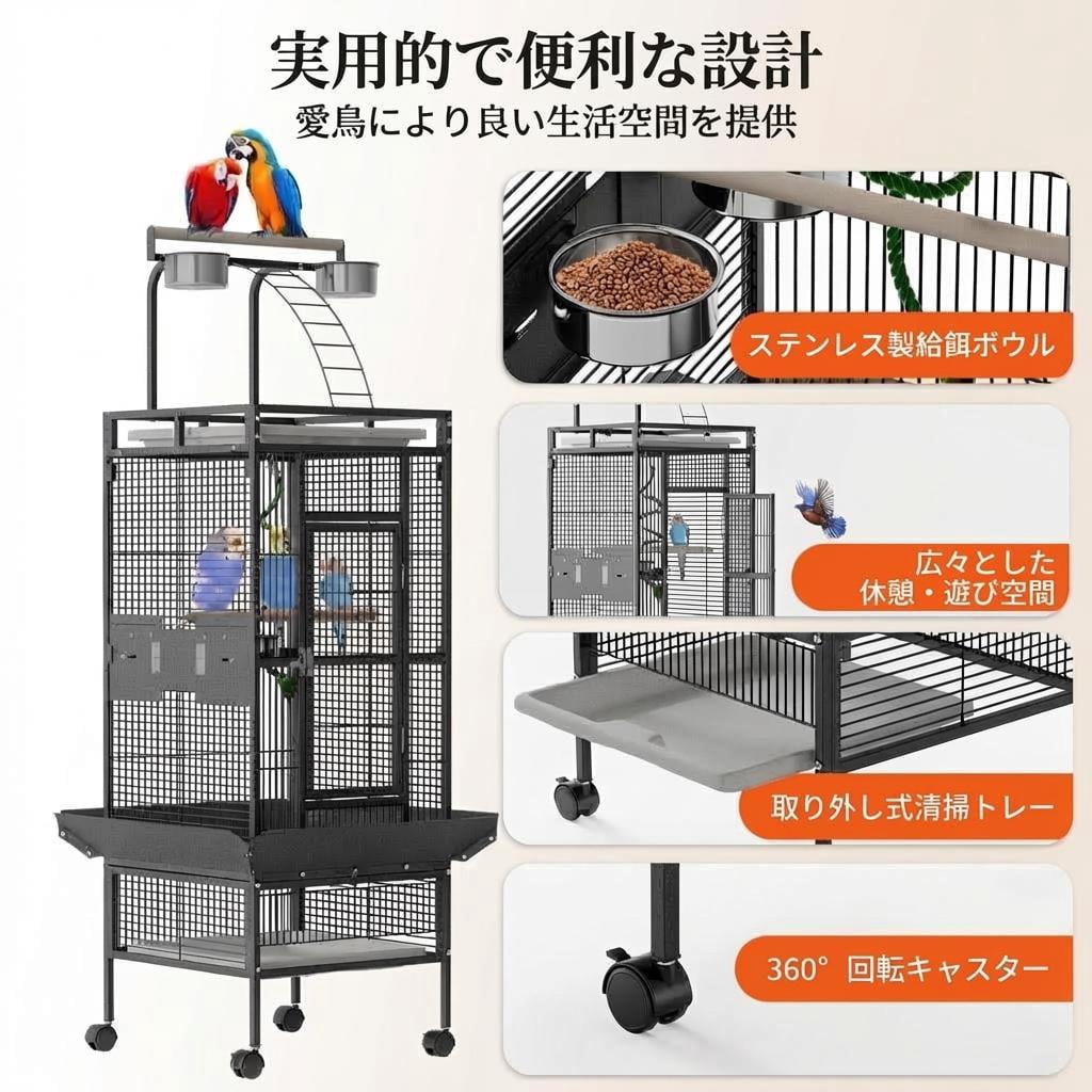 Spacious 60 Inch Wrought Iron Bird Cage with Play Top. 4 Stainless Steel Bowls. Slide-Out Tray. Rolling Stand - Ideal for Parrots. African Grey. Cockatiel. Conure. Budgie. . Canary - White