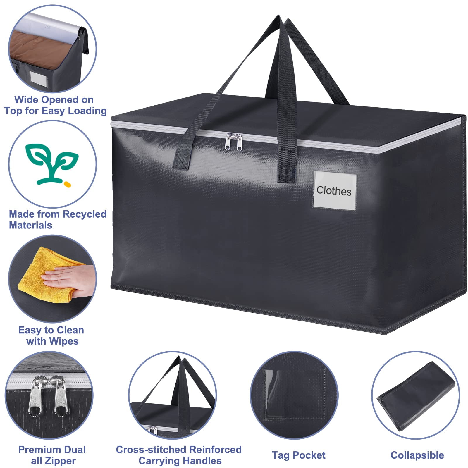 2 Pack Totes for Storage Large Moving Bags Heavy Duty ，Moving Boxes with Zippers Top and Sturdy Handles, Dorm Storage Bags for Space Saving and Packing,Collapsible Moving Supplies(Gray,93L)