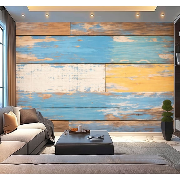Peel and Stick Wallpaper Waterproof Rustic Wooden Planks Blue Yellow White Paint Wall Mural Decor Self Adhesive and Removable 100in x 144in