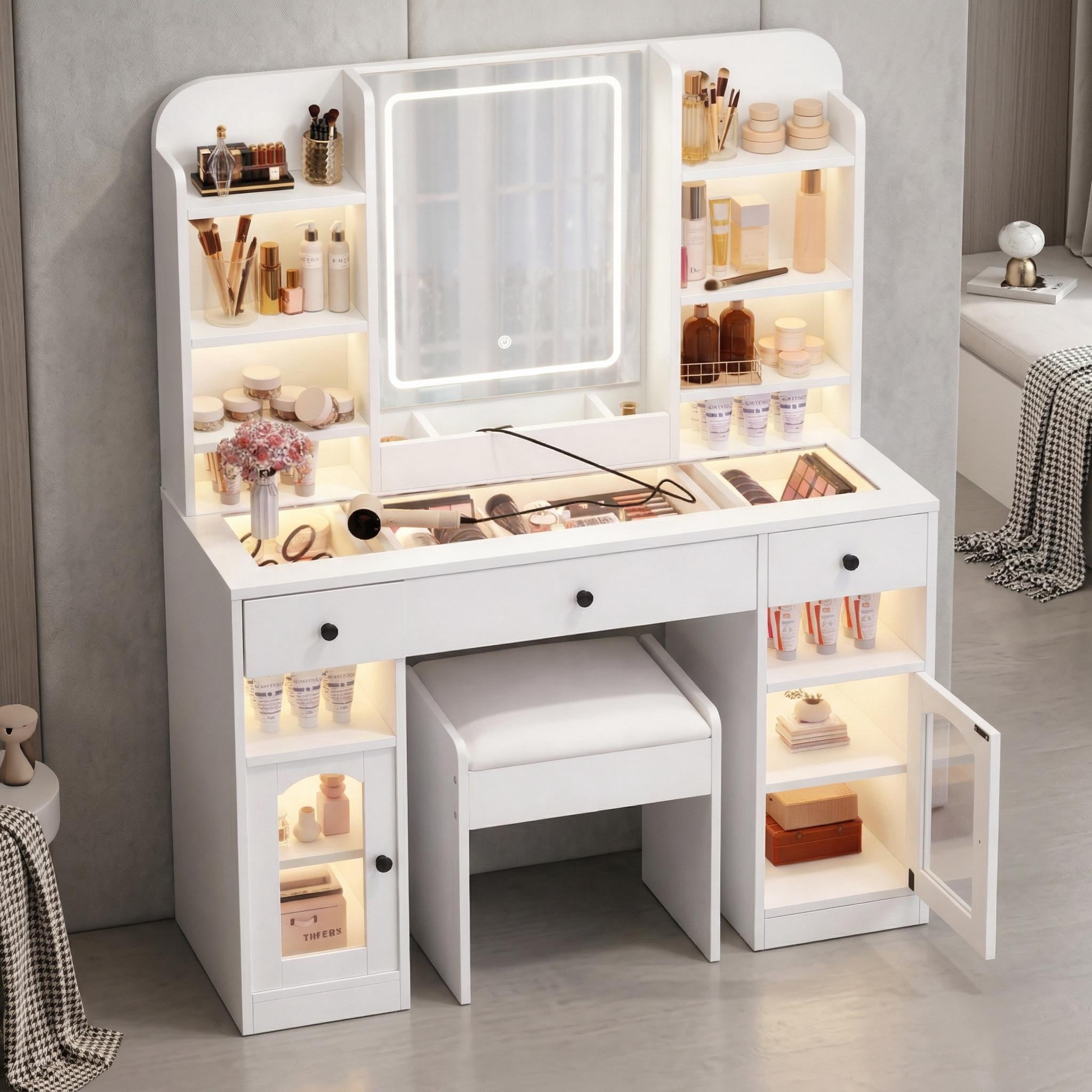Homy Casa Makeup Vanity Table with Lighted Mirror, RGB Lights, Charging & Stool, White