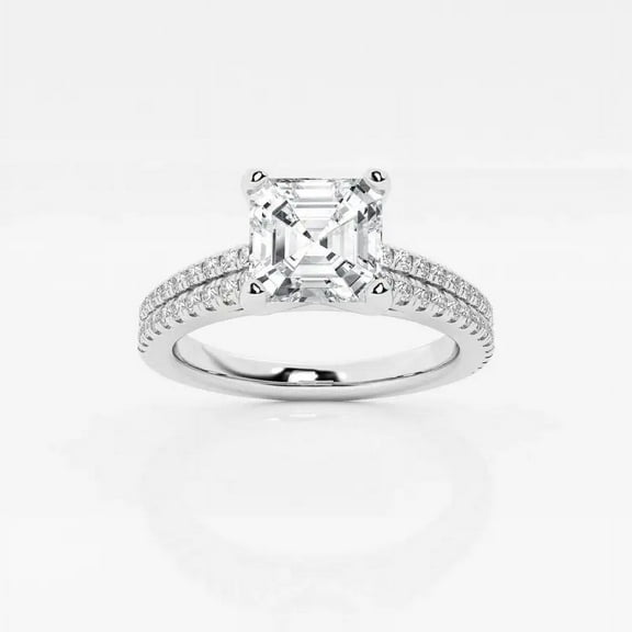 Cloud Jewel 1.7Ct Asscher Cut Lab Created Diamond Engagement Ring - 14K White Gold Plated Pave Set Design Ring - Perfect for Women’s Bridal Jewelry and Everyday Wear Gifts - Birthday Gift
