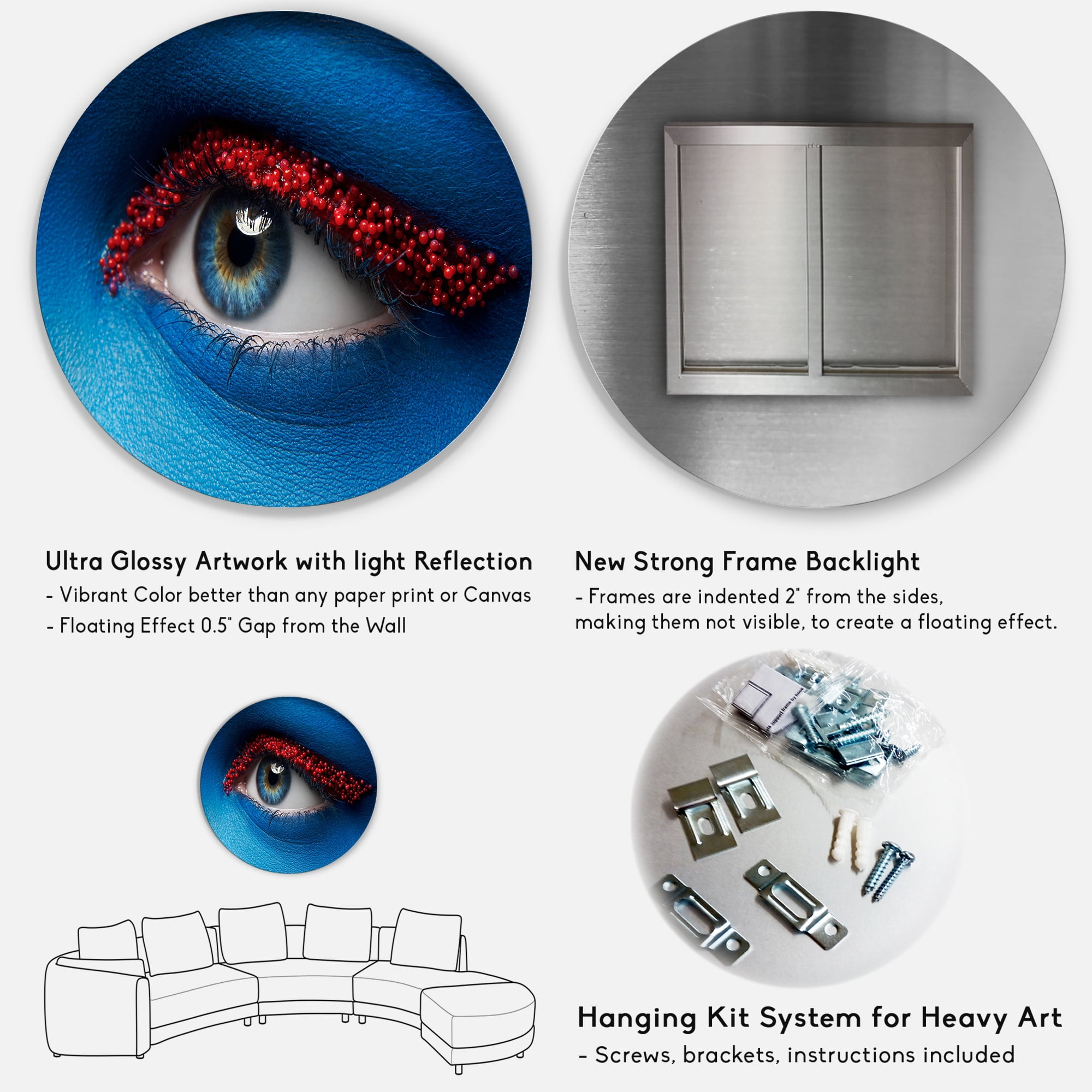Designart 'Woman Eye With Blue Paint On Face & Red Balls' Modern Circle Metal Wall Art 36x36 - Disc of 36