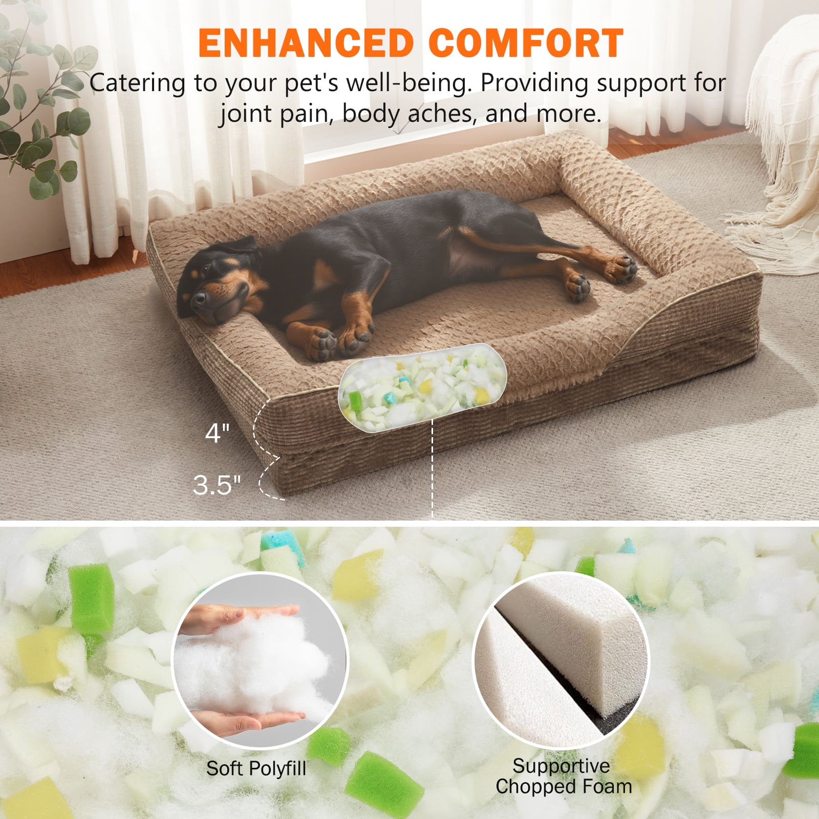 XL Orthopedic Dog Beds for Large Dogs, Washable Egg-crate Memory Foam Dog Couch Bed with Removable Cover, Waterproof Lining and Nonskid Bottom, Brown, 42in