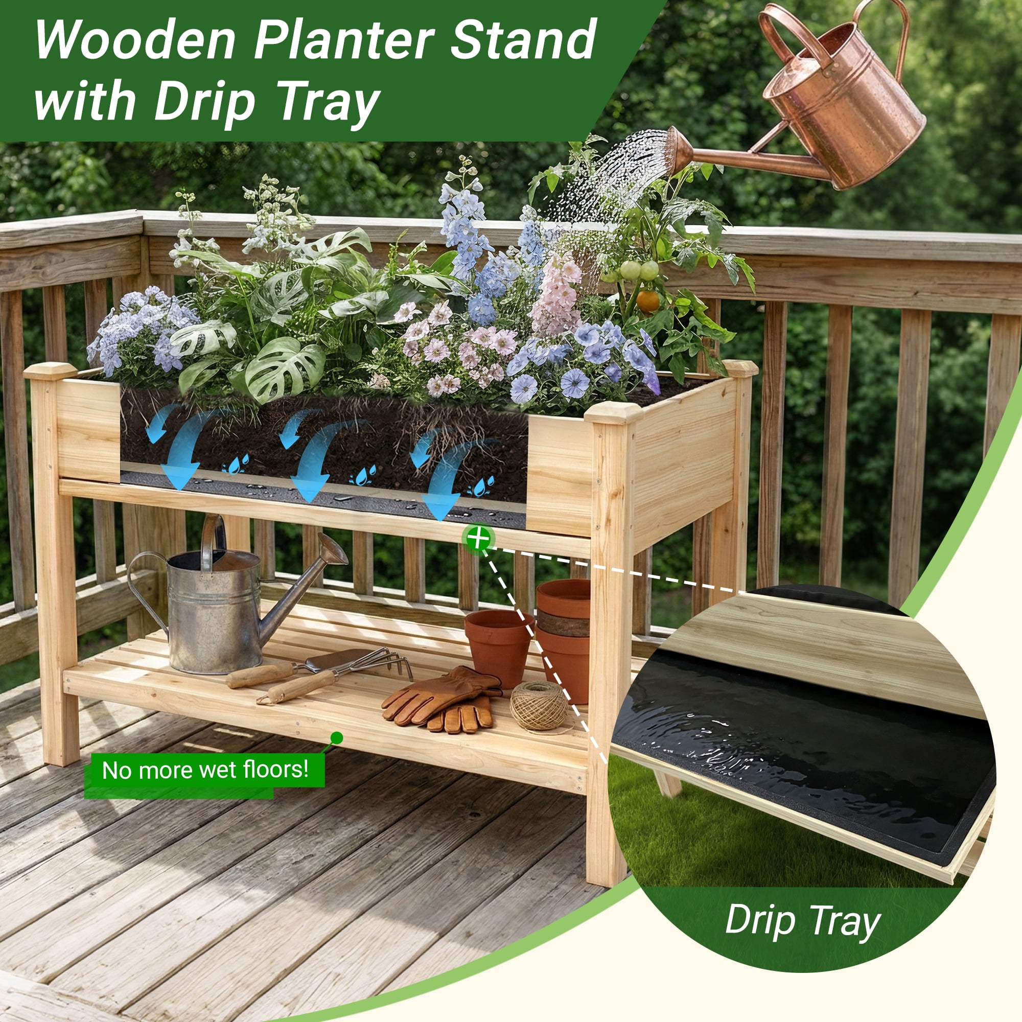 Raised Garden Bed 48x23x31.1 Inch, Elevated Wood Planter with Water Collection Tray & Storage Shelf, Outdoor Garden Box for Vegetables, Herbs, Flowers, Natural