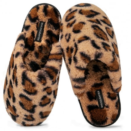 Snug Leaves Women's Fuzzy House Memory Foam Slippers Cute Furry Leopard Print Faux Fur Lined Closed Toe Indoor Slides Bedroom Slip On Shoes