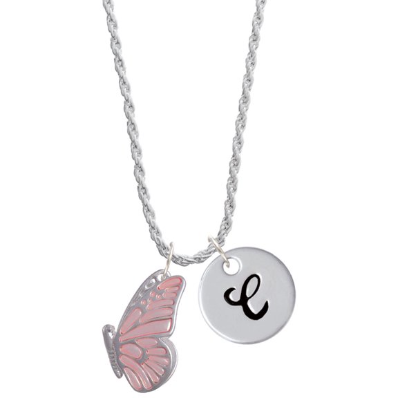 Delight Jewelry Silvertone Large Translucent Pink Flying Butterfly Silvertone Script Initial Disc - C - Charm Necklace, 20"+3"