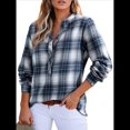 thumbnail image 3 of Camisas A Cuadros con Cuello en V para Mujer, Elegantes, Informales, con Botones, Estilo Bohemio, para el Trabajo, de Larga, para Otoño. Azul Marino M, 3 of 9