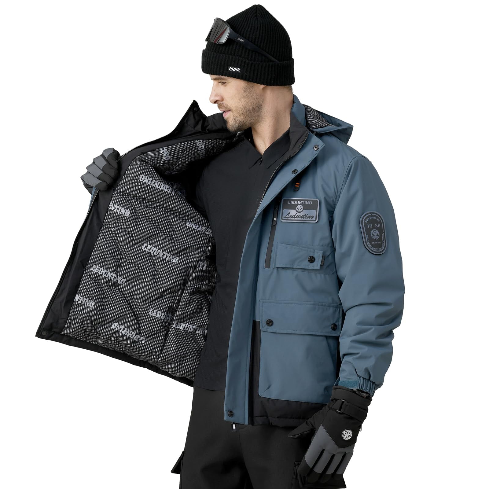 LEDUNTINO Men's Winter Jacket With Hood Water-Resistant Casual Coat Composite Fleece-Lined Outdoor Apparel For Cold Weather