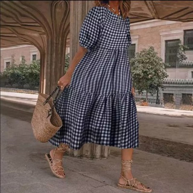 SMihono Robes d'Été Bohémiennes Femmes Grande Taille Mode Femmes Manches Courtes Col Rond Été Décontracté Ample Robe à Carreaux Grande Taille