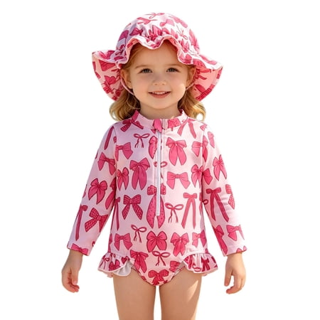 XAOFW Girl s Bow Print Long Sleeve Swimwear With Swim Cap Baby Girl Two Piece Swimsuit For Holiday Pool Fashionable Beachwear 6-12 Months