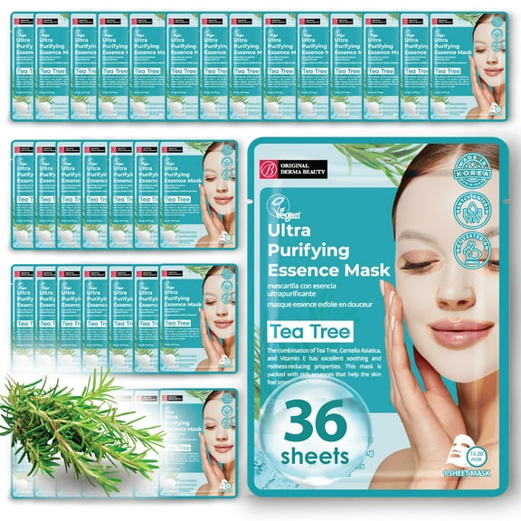 Original Derma Beauty 36 Pack Ultra Purifying Tea Tree Essecne Mask Sheet - Face Mask Skin Care Face Masks Skincare, Facial Masks for Women Skin Care
