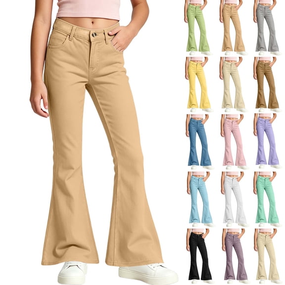 RQYYD School Uniform Pants for Girls Bell Bottom Pants High Stretch Elastic Waist Flare Trousers Size 5-16 Years Teen Girls Kids Back To School
