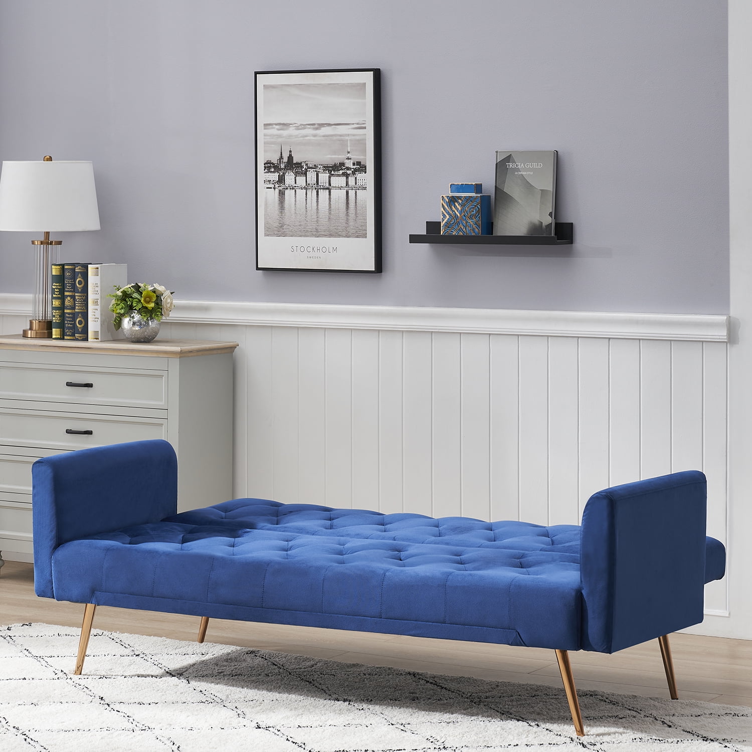 Kadyn 71" Futon Couch, Convertible Double Sofa Bed for Compact Living Space, Modern Velvet Futon Sofa Bed for Living Room, Blue