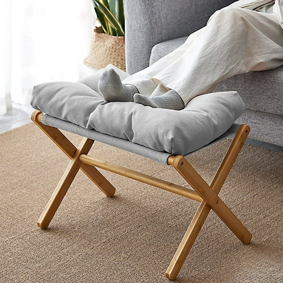 Folding Footrest Stool, Small Portable Bamboo Accent Ottoman, Footstool with Detachable Cotton Cushion Padded