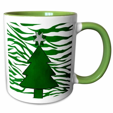 2 White Zebra - 3dRose Green and White Zebra Print Christmas Tree in Watercolor Wash - Two Tone Green Mug, 11-ounce