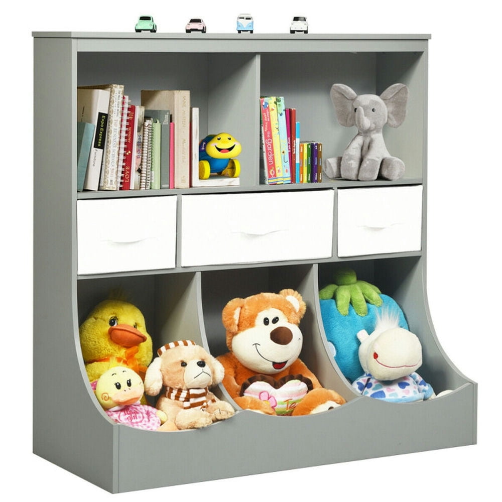 Resenkos Freestanding Combo Cubby Bin Storage Organizer Unit W/3 Baskets-Gray, Kids Toy Storage for Kids, Boys, Girls, Nursery
