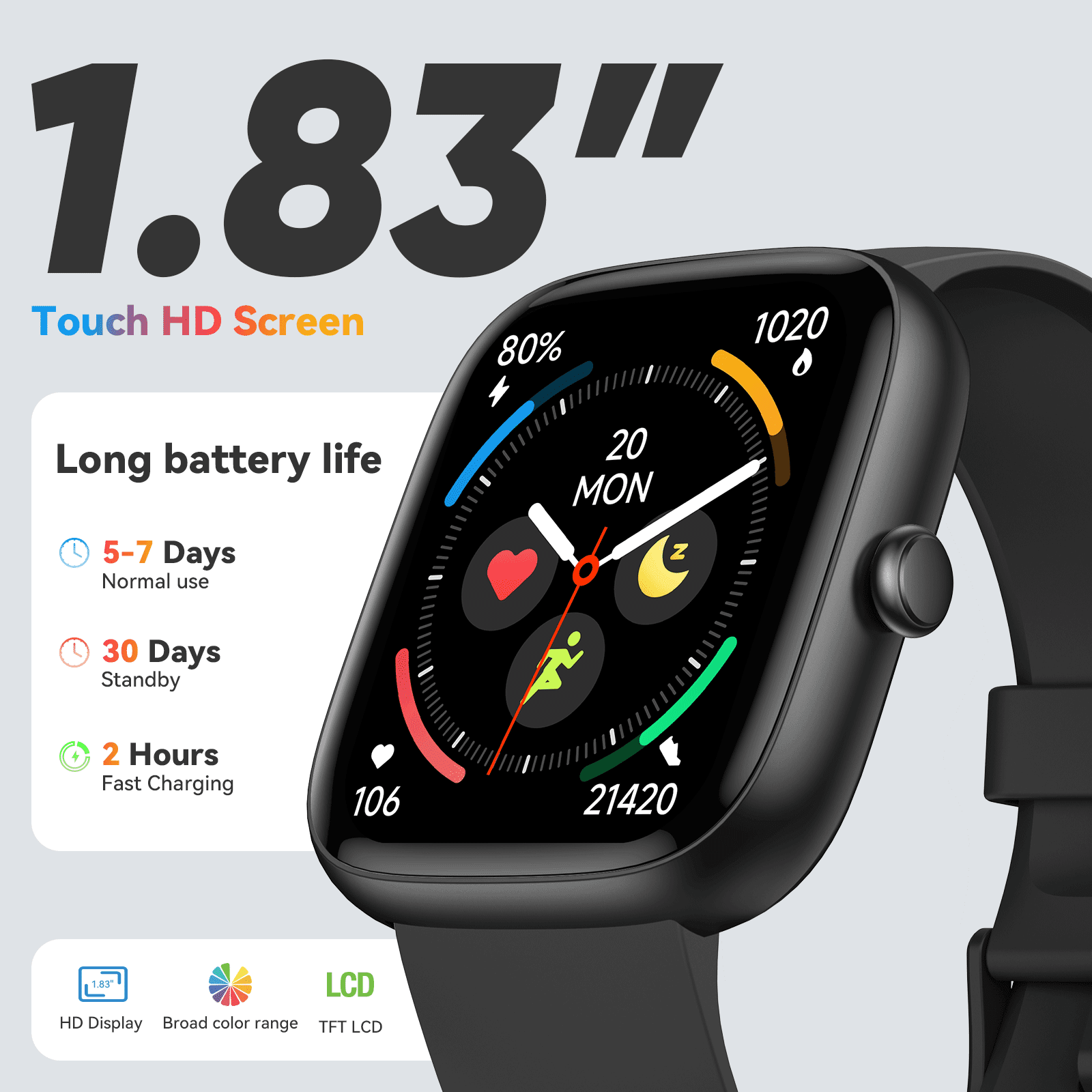Smart Watches for Men Women (Answer/Make Calls), 1.83" Touchscreen Fitness Watch with 110+ Sport Modes, Fitness Tracker, IP68 Waterproof Smartwatch for Android Ios Black