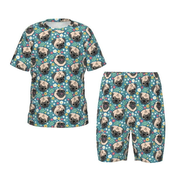 Balery PUG HEAD And Flower Conjunto de Pijama Infantil de Manga Corta con Estampado – Ropa de Dormir de Algodón Suave-Small