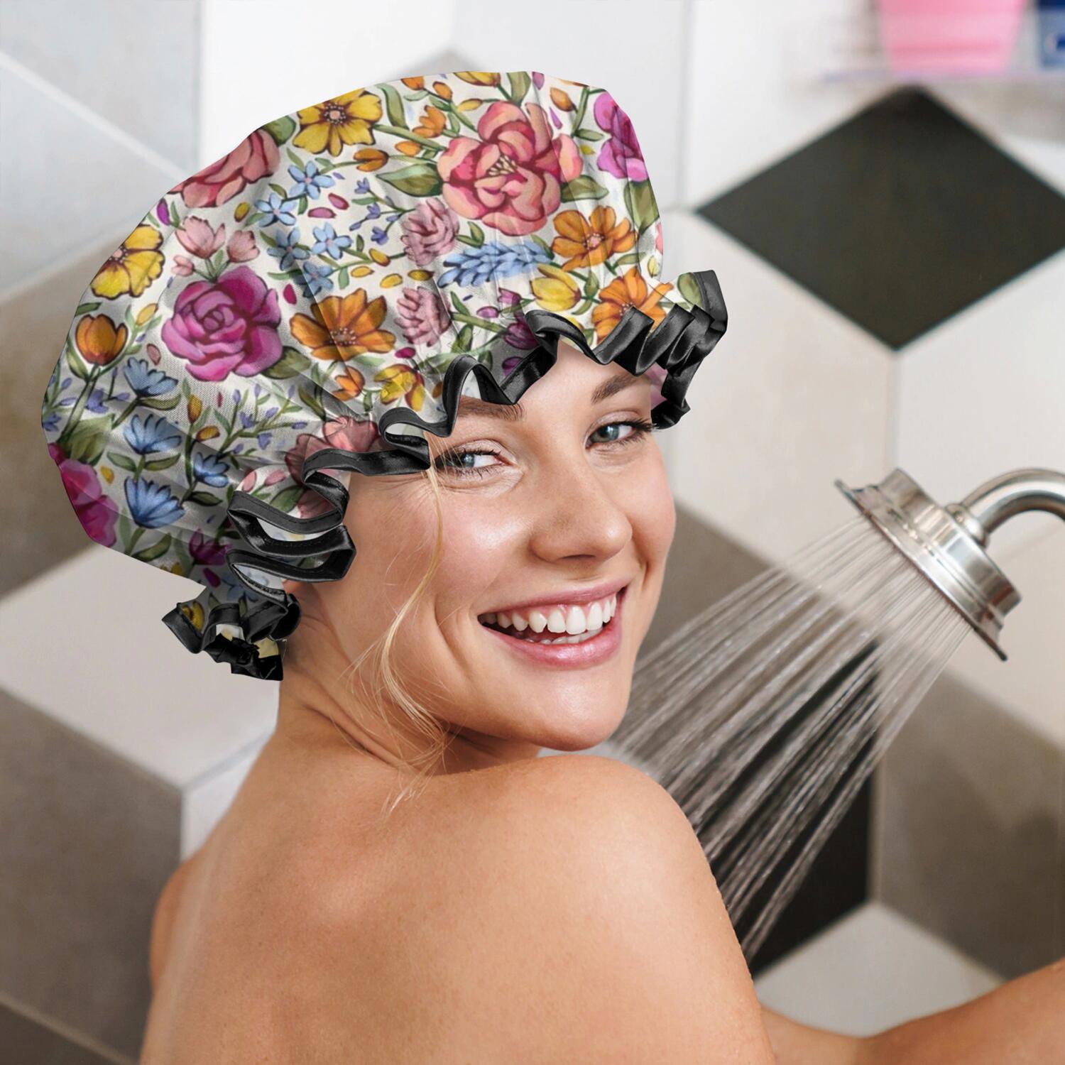 Shower Caps,Pioneer Flower Floral Print Pattern Waterproof Shower Cap for Women 4 Pieces,Double Reusable Hair Cover for Shower PEVA Elastic Stretch Hem
