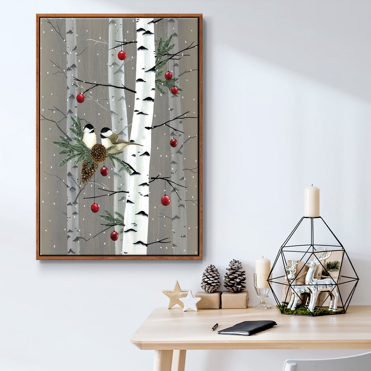 Birch Birds II - Framed Gallery Wrapped Holiday Canvas - 17 x 25 - Rosewood Frame