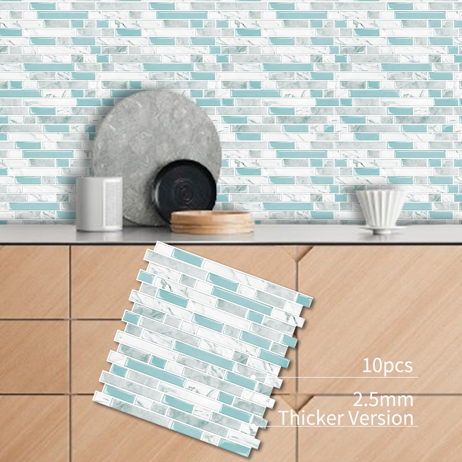 DEWOO Thick Kitchen Peel and Stick Tile Backsplash, Stick on Wall Tiles, 12"x12" Self Adhesive Sticky 3D Wall Marble Tiles Bathroom (10-Sheet，Light Blue)