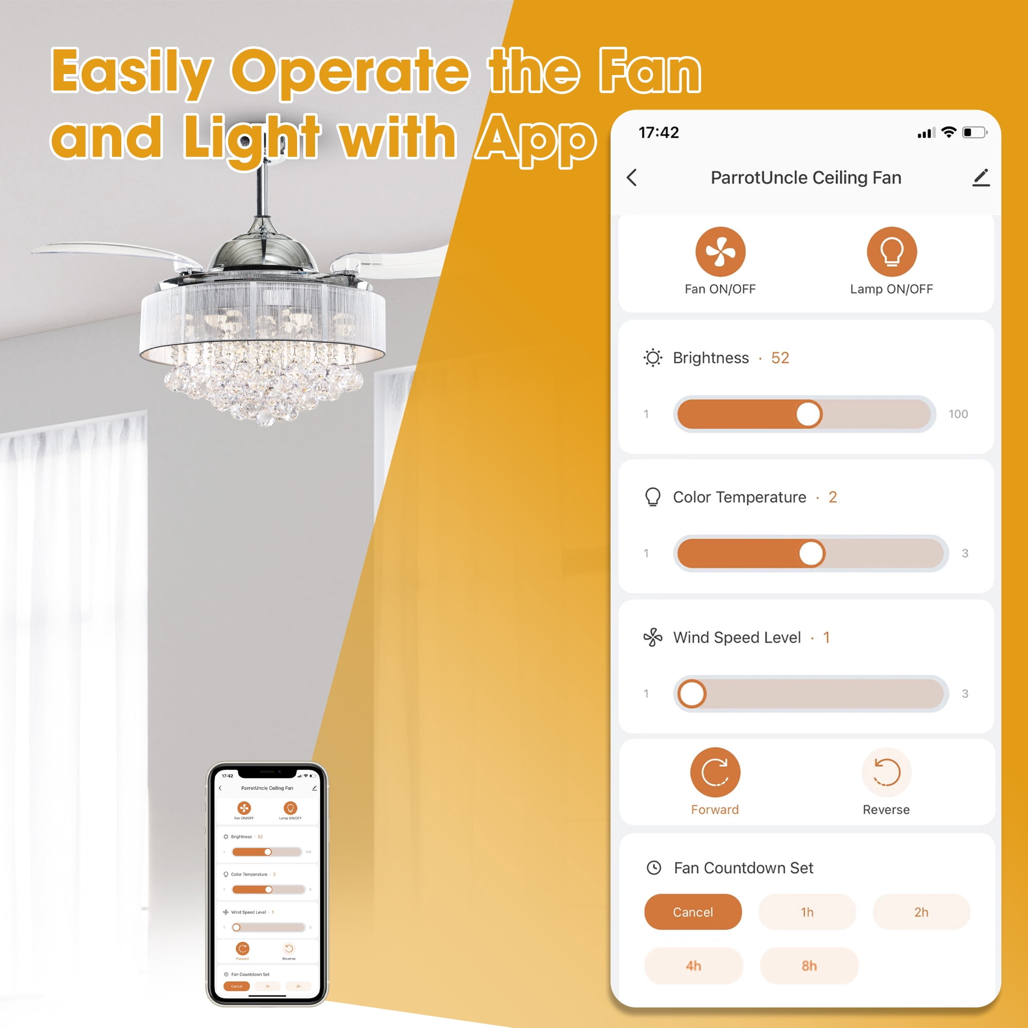 Parrot Uncle Smart Ceiling Fan with Light 42 inch  Modern Crystal Chandelier Ceiling Fan with LED Light, Compatible with Alexa