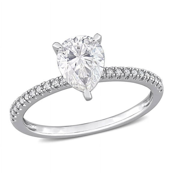 AMOUR 1 1/4 CT DEW Pear Shape Created Moissanite and 1/10 CT TW Diamond Engagement Ring In 14K White Gold