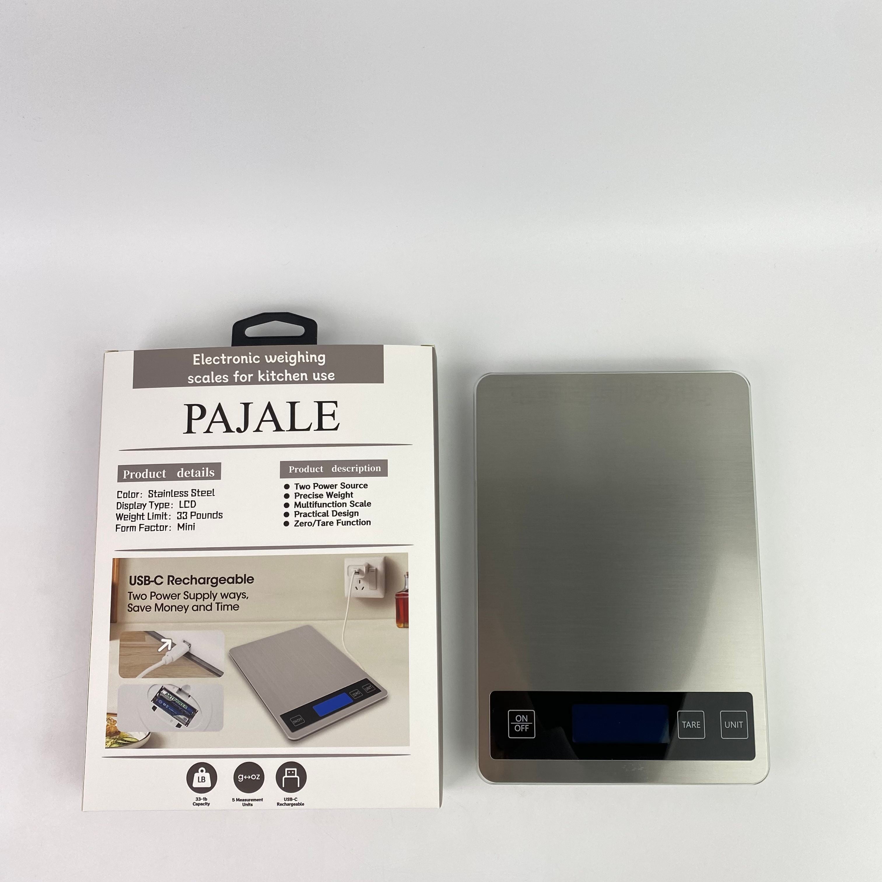 PAJALE Electronic weighing scales for kitchen use,33lb Food Scale, Digital Kitchen Scale Batteries and USB Charging,1g/0.05oz Precise Graduation (Stainless Steel)