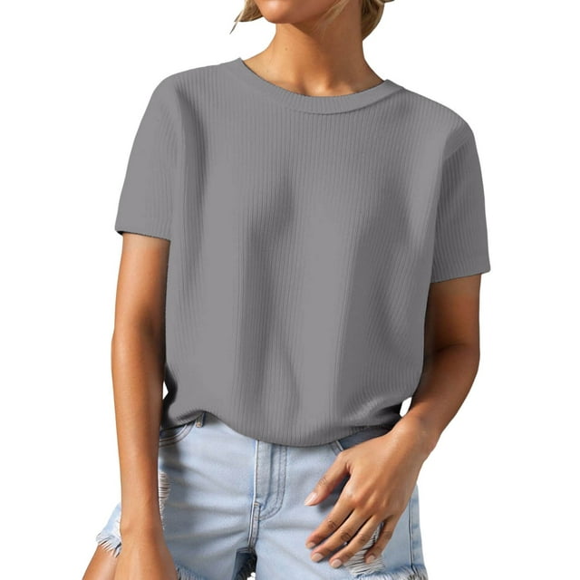 GPOECD T-Shirts Grande Taille pour Femmes Tricot Texturé Couleur Unie Col Rond Manches Courtes Style Décontracté pour un Port Quotidien Confortable Hauts Décontractés pour Femmes Gris,G