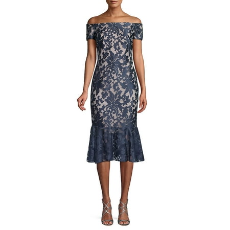 Calvin Klein Womens Lace Midi Off-Shoulder Dress, Blue, 4