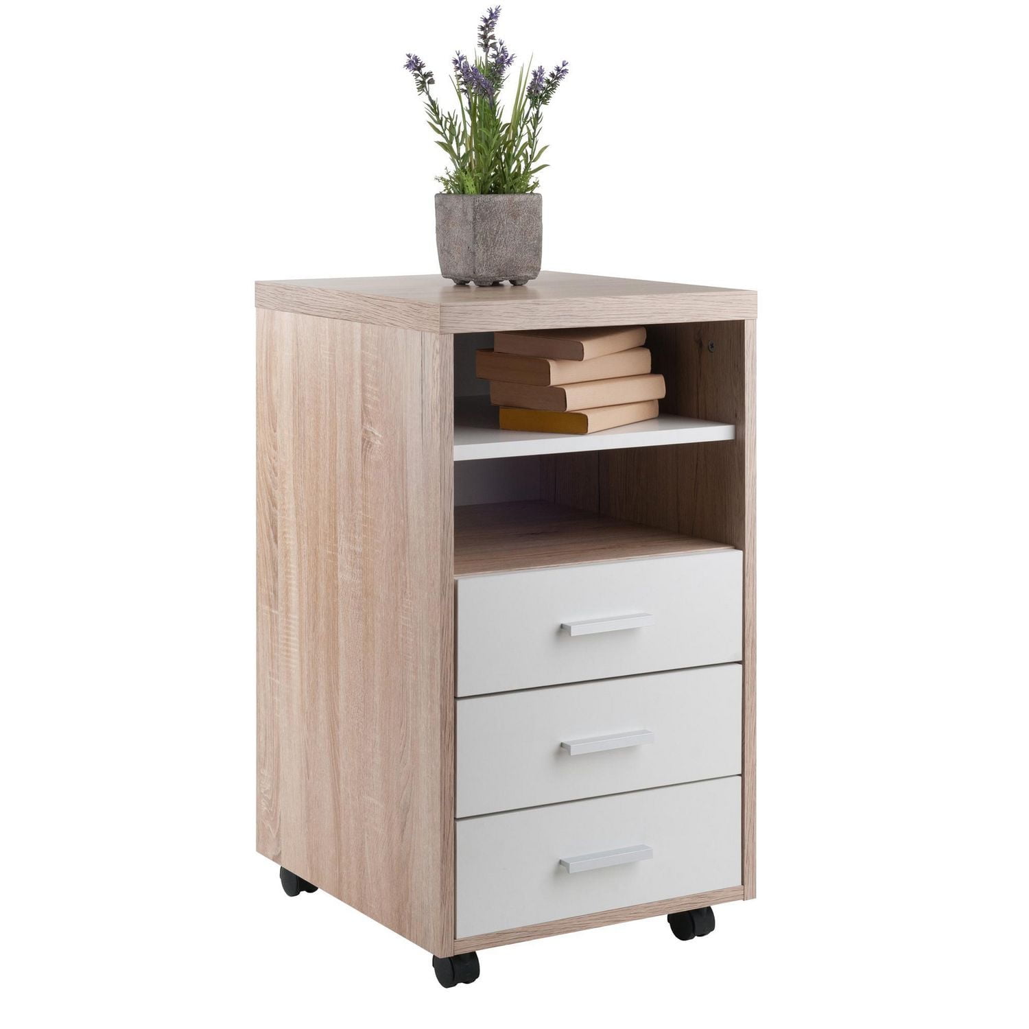 Winsome Kenner Mobile Storage Cabinet, 3 Drawers, 2 Shelves, Reclaimed Wood/White Finish