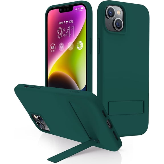 2023 New for iPhone 14 Plus Phone Case with Kickstand,[3 Stand Ways Kickstand][10FT Military Grade Drop Tested] Soft-Touch Slim Silicone iPhone 14 Plus Case for Women for Men,Midnight Green