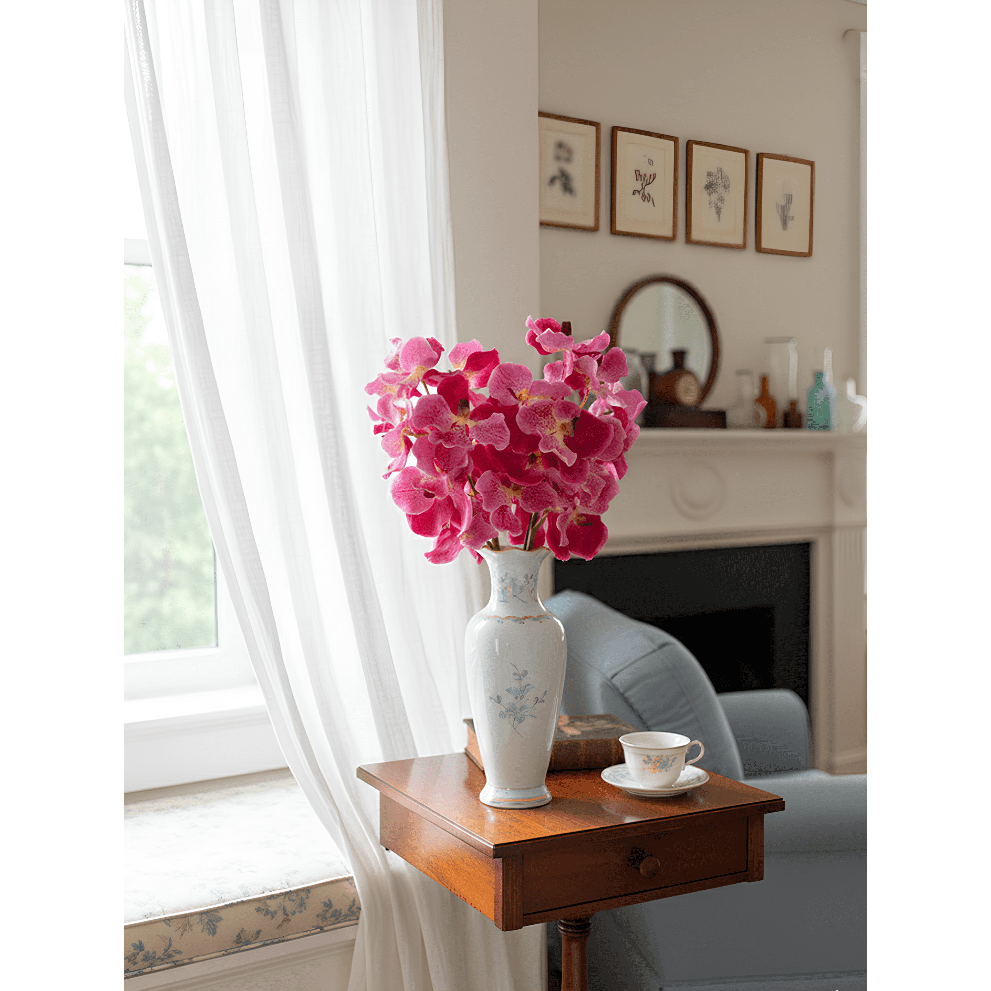 Amaranton 24" Real Touch Vanda Orchid - Fuchsia 5Pcs Artificial Flowers Bouquet for Gift Home Decor Indoor Outdoor Faux Orchid Flower Fake Floral Arrangements