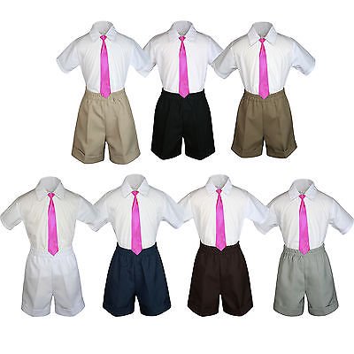 Ensemble 3 Pcs Garçon Tout-Petit Fête Formelle Fuchsia Cravate Shorts Blanc Noir Kaki P-4T