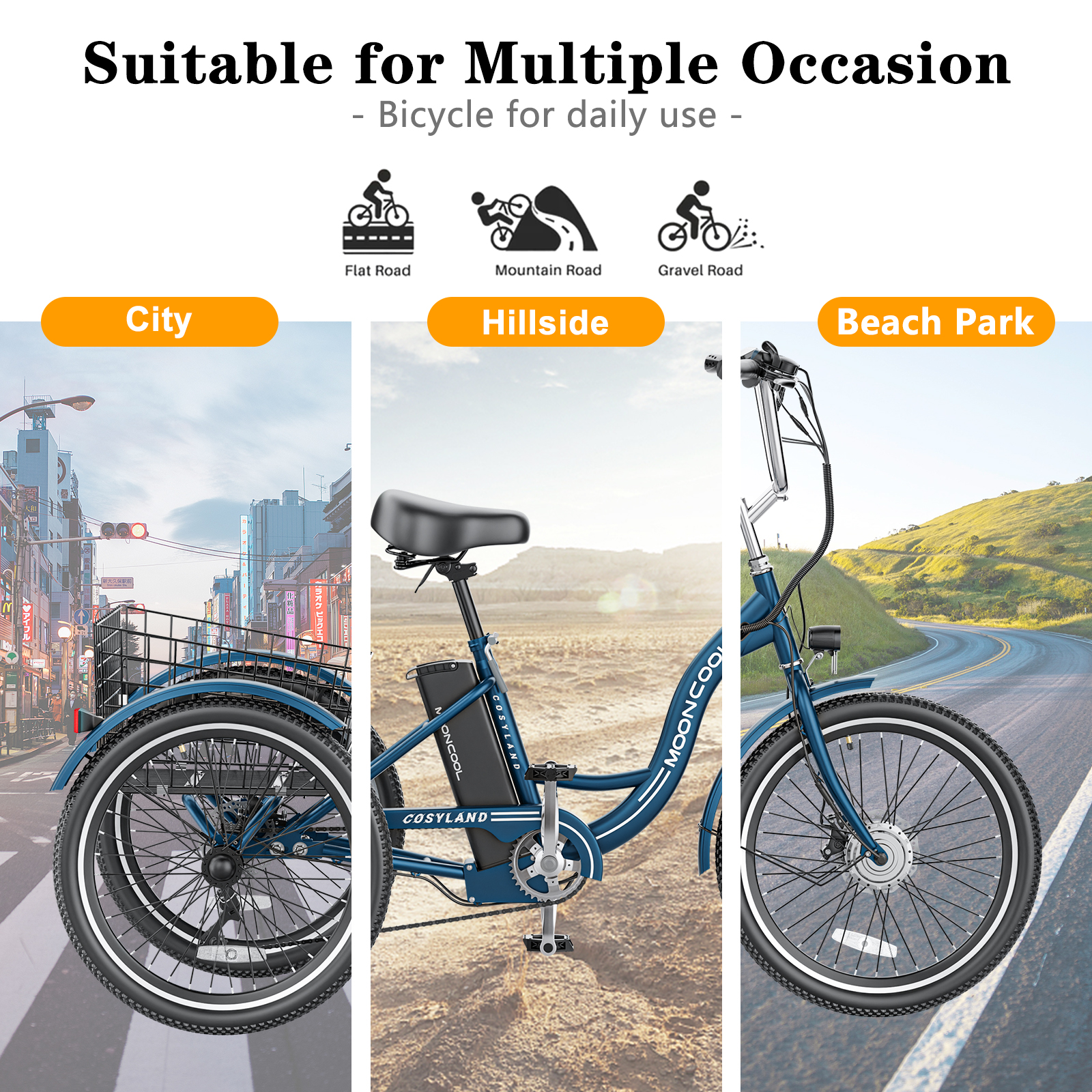 MOONCOOL 350W Motorized Electric Trike, 7 Speed 3 Wheel Electric Bicycle with 36V 10.4Ah Lithium Battery UL Certified, 24"/26" Electric Tricycle for Adults with Rear Basket