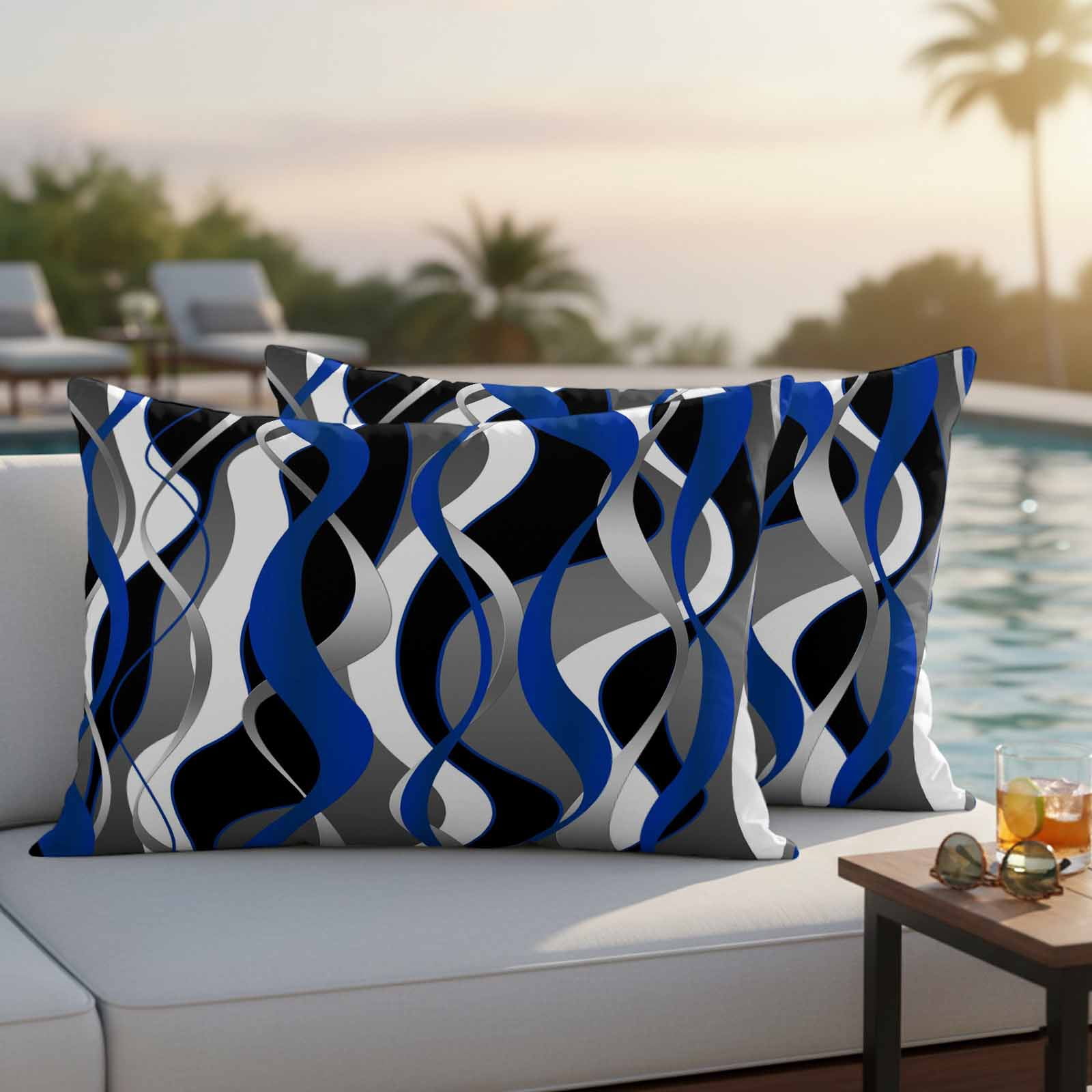 Blue Black Stripes Outdoor Waterproof Pillow Covers, Modern Abstract Ombre Grey White Lines Decorative Rectangle Throw Pillowcase Sofa Cushion Sham for Patio/Couch/Chair, 20"x12" 2 Pack