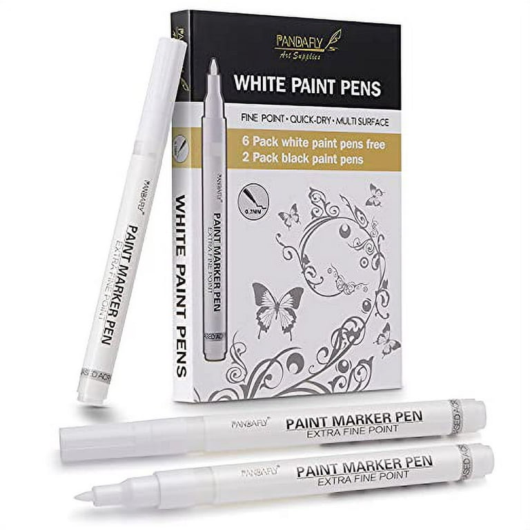 PANDAFLY White Paint Pens, 8 Pack 0.7mm Acrylic Permanent Marker 6 White  With 2 Black Paint Pens for Wood Rock Plastic Leather Glass Stone Metal