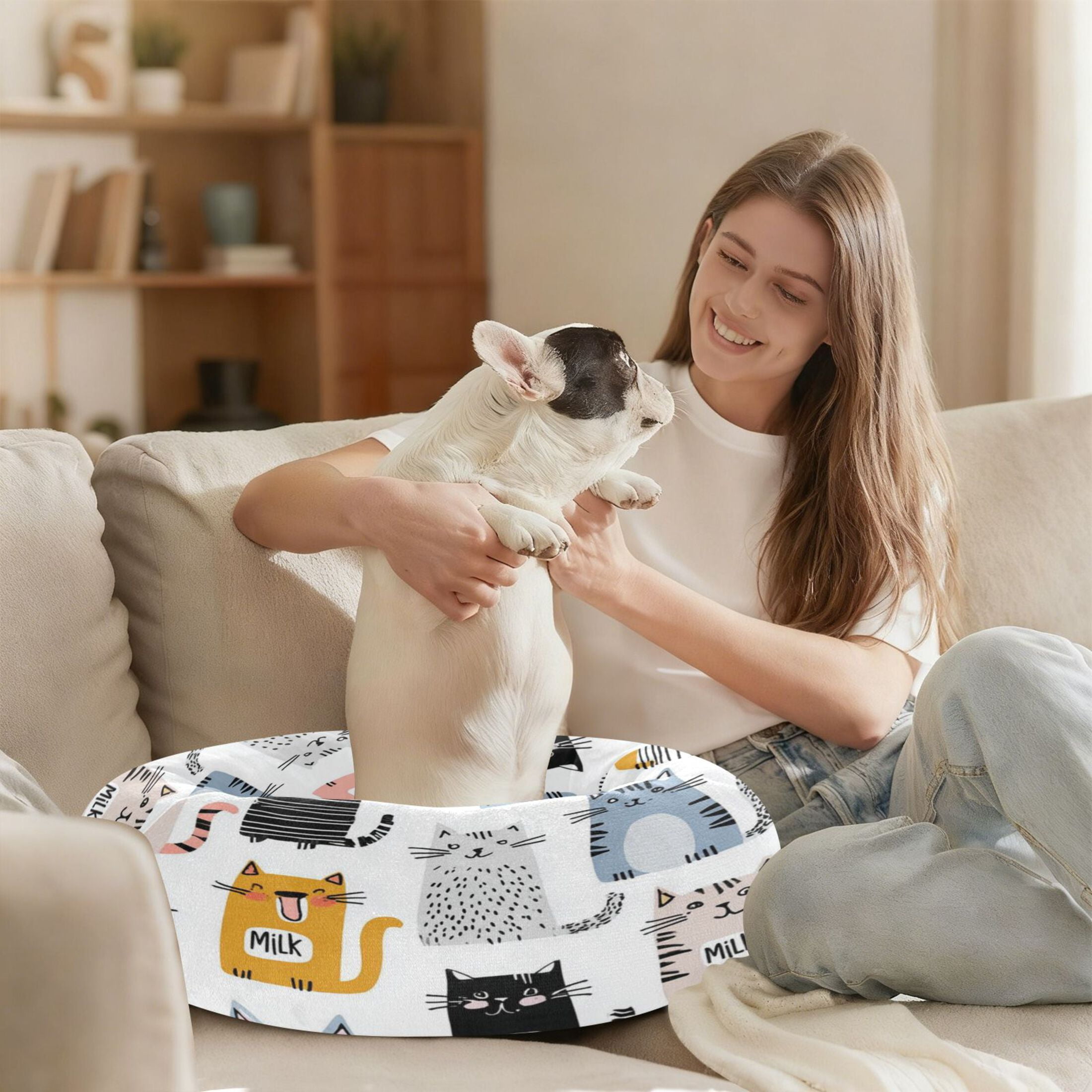 Iauyy Pet Couch Donut Cat Bed for Indoor Cats/Small Dogs Washable & Machine with Non-slip Bottom Calming Cat Furniture, Playful Graffiti Style (XS)