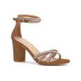 thumbnail image 1 of BLISSFUL STEP Women's Shoes Rhinestone Crisscross Strappy Block Heel Faux Suede Ankle Buckle Sandals Brown 6, 1 of 7
