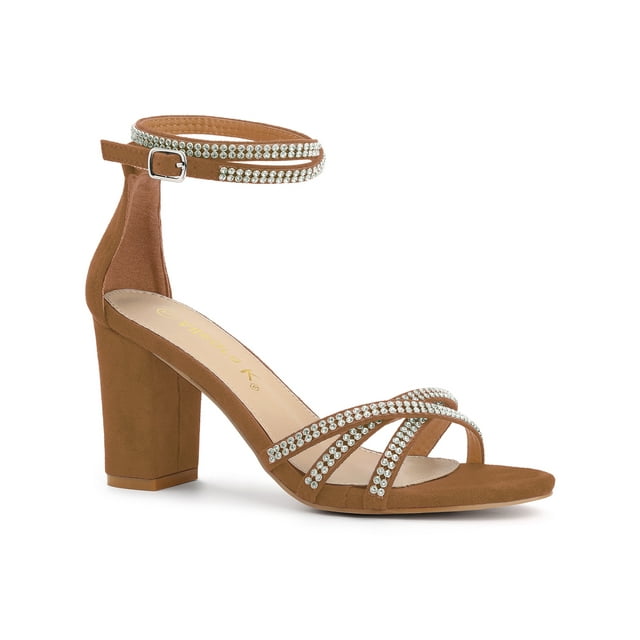 BLISSFUL STEP Women's Shoes Rhinestone Crisscross Strappy Block Heel Faux Suede Ankle Buckle Sandals Brown 6