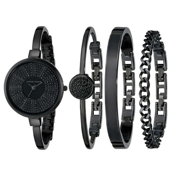 Anne Klein Women's 1471BKST Black Dial Black Ion Plated Steel Bangle Bracelet Watch Set