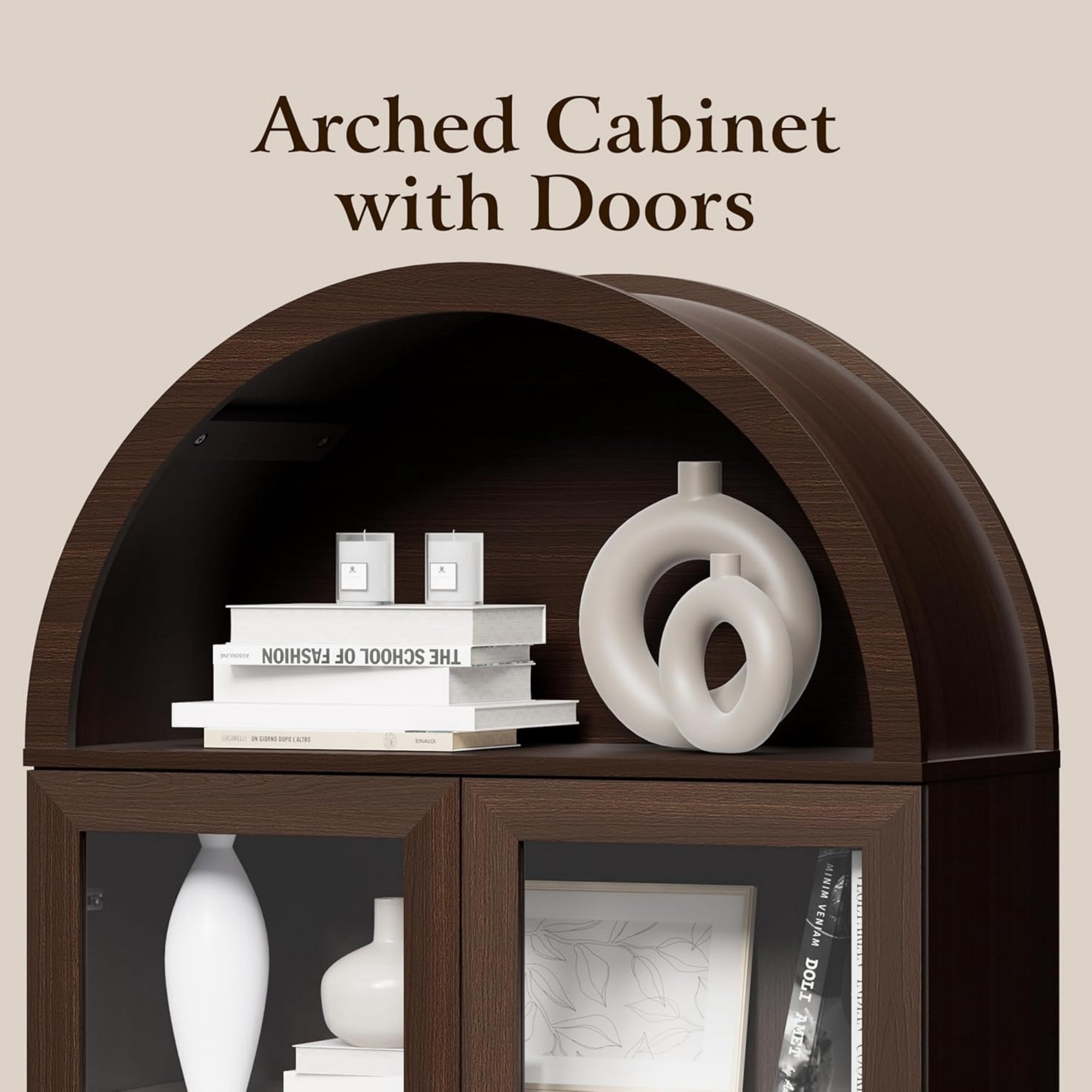 71 Inch Arched Cabinet with Glass Sliding Doors, Fluted Tall Pantry Cabinet with Adjustable Shelves, Coffee