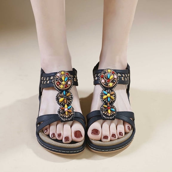 Sandalias De Mujer Clearance, Xunlbb Women's Summer New Floral Elastic Casual Seaside Beach Flat Sandals(Black,Size:36)